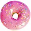 Pink donut with colorful sprinkles on top.