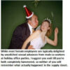 Man in Santa hat kissing woman under mistletoe.