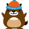 Cartoon mascot wearing Vancouver 2010 beanie.