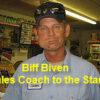 Man in store with yellow text overlay.