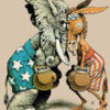 Elephant and donkey boxing, political cartoon.
