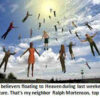 People floating in sky towards light.
