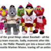 Baseball mascots standing together in uniforms.