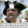 Man in tricorn hat with humorous caption.