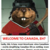 Beaver in hockey gear with Canadian theme.