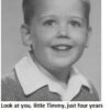 Smiling boy with humorous text caption.