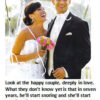 Bride and groom smiling, holding flowers.
