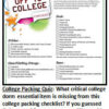 College packing checklist with humorous quiz.