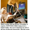 Man vacuuming while woman reads newspaper.