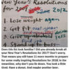 New Year's resolutions list with humorous notes.