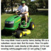 Man riding a green lawn mower outside.