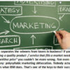Hand drawing marketing strategy on chalkboard.