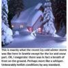 Snow-covered cabin surrounded by trees.