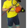 Man with sports equipment, humorous expression.