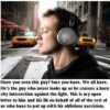 Man with headphones crossing city street.