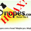 Snopes.com logo with "Hoax" overlay.