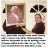 Woman holding portrait in humorous scene.