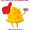 Cheese character with flag and foam finger.