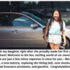 Woman standing next to her new car.