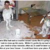 Children covered in white paint, messy room.