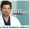 Doctor in white coat, Grey's Anatomy logo.