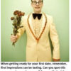 Man in a suit holding wilted roses.