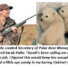 Woman with rifle and two polar bear cubs.