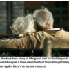 Elderly couple embracing on a park bench.