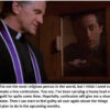 Priest listening to confession in confessional booth.