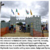 People entering a faux castle entrance.