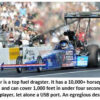 Blue top fuel dragster racing on track.