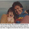 Two people smiling, embracing, outdoors, text overlay.