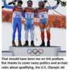 Three skiers celebrating on Olympic podium.
