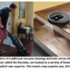 Man vacuuming and robot vacuum on table.