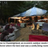 Outdoor forest theater with sofas and chairs.