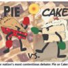 Pie and cake boxing match illustration.