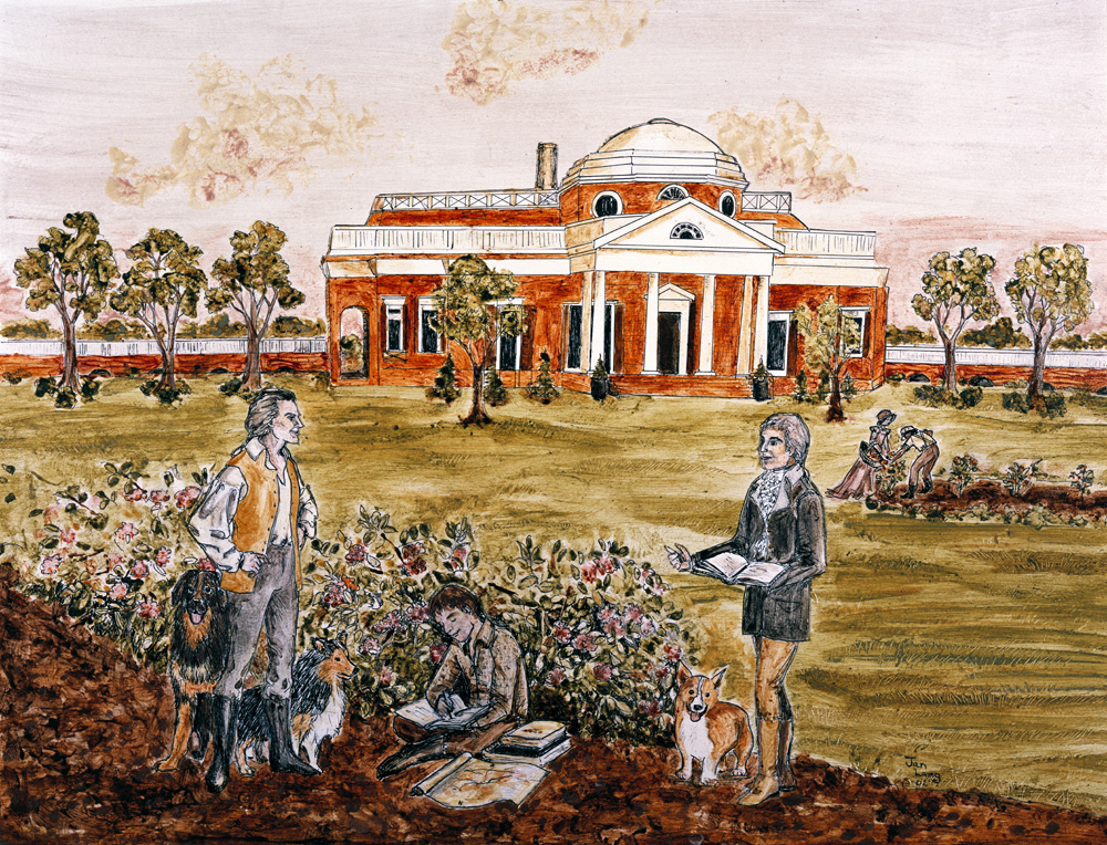 One of many drawings and paintings of Jefferson’s beloved home, Monticello. That’s Jefferson on the left, tending to his crops, and Bradley at right, asking his dad if he could lend him $5 until Tuesday.