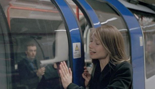 A scene from the film, Sliding Doors, with Gwyneth Paltrow. The film alternates between two storylines, one in which she barely makes the train, the other in which she misses it.