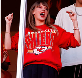 Taylor Swift, AKA one half of Traylor, cheering on her new favorite team, the Kansas City Chiefs in a private box at the Chiefs’ famous Arrowhead Stadium – soon to be rebranded with its new name, “The Swift Nest.”