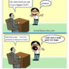 A comic strip showing a patient explaining his 'superpower' of being invisible when he doesn't pay rent, surprising the therapist.