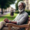 An elderly man with gray hair and beard sitting on a wooden bench in a park, smiling peacefully.