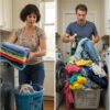 When the laundry done, notice how the wife neatly folds every item and puts like items together, like these towels. The husband, on the other hand uses the time-tested “entropy” system, in which all the clothes are shoved into a giant pile – to be sorted out later. Much later.