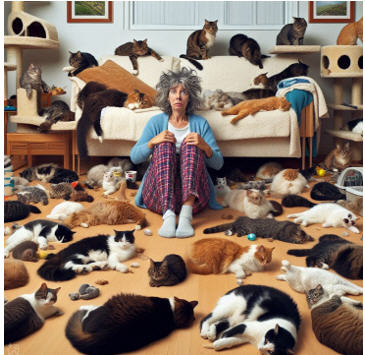 How many cats is the right number for you? Some people have difficulty knowing when to stop. Like this lady. When she got to the point that she couldn’t take 3 steps without tripping over a cat, that should have been a tipoff she had a few too many furry house guests.