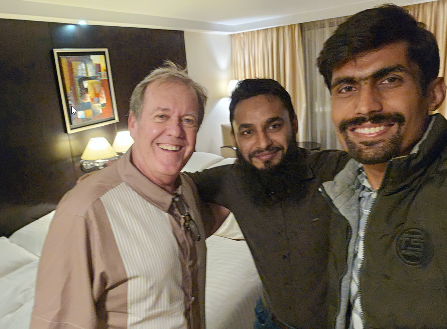 Even though my actual birthday was not for another month, Hafiz (center) and Hammad threw a surprise birthday party For me in my hotel room, complete with a birthday cake, balloons, and a tennis racquet as a gift. Notice how they are doing a real American pose, with the hugs and smiles.