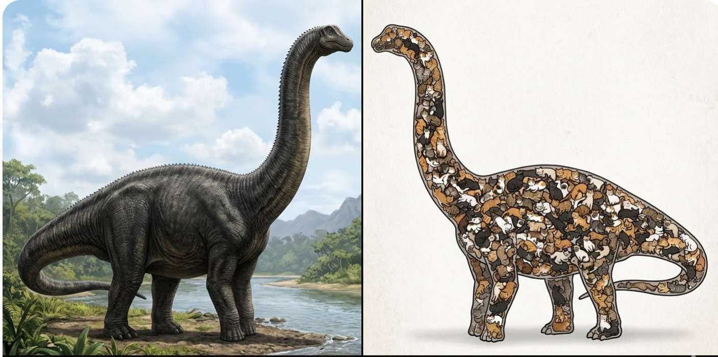 At left: The Argentinosaurus – one of the largest creatures ever to walk the earth. He was so large, it would take roughly 20,000 housecats to equal his weight. At right: an artist’s conception of what that might look like.