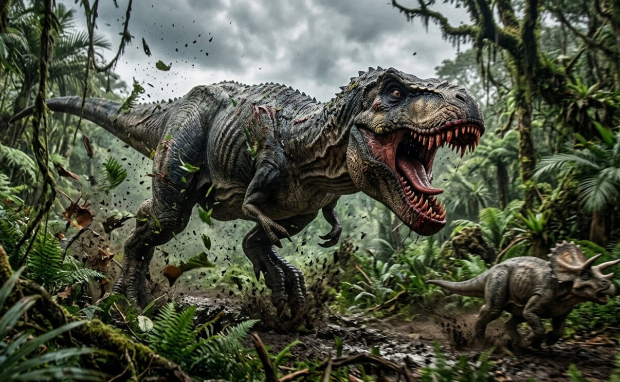 Tyrannosaurus Rex – “King of the Tyrant Lizards” – was perhaps the most ferocious dinosaur of all. With a bite force of up to 6 tons—strong enough to crush cars—and over 50 banana-sized teeth, he was a terrifying predator. But you should have seen him try to eat spaghetti, with those spindly little front legs. Pathetic.