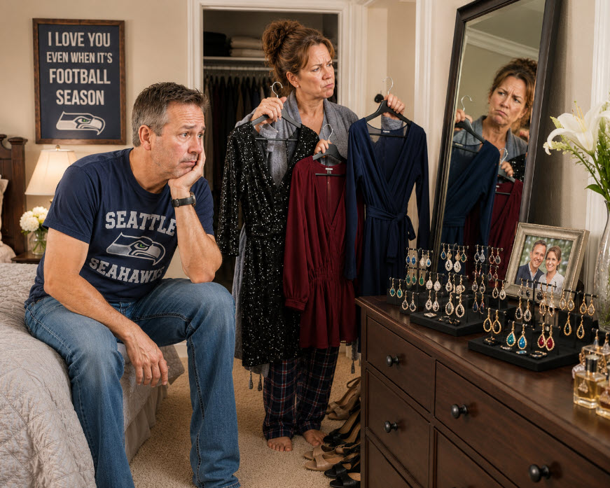 Ah, date night. And you’ve been patiently waiting for your wife to decide which outfit to wear. Suggestion: Avoid the temptation to say, “Honey, we’re just going to Denny’s, not the Metropolitan Opera Gala. Pick something, for God’s sake.” Trust me on this.