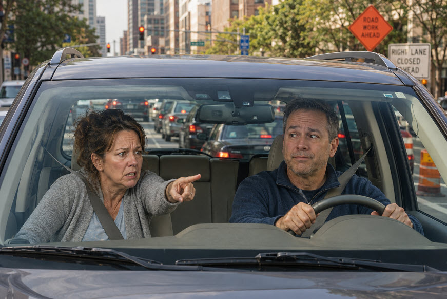 Few things cause marital friction like driving. Sure, you know the way to your destination. And you even remembered to leave 20 minutes early to allow for traffic. But your wife will find SOMETHING to criticize about your driving. You’re not going to win. Just apologize.