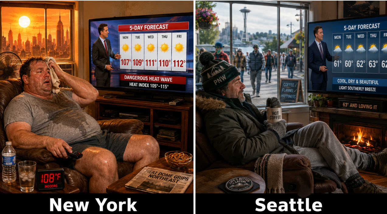 While 95% of the country enjoys summer in a tropical paradise (during a heat dome), Seattleites are bracing for a long stretch of brisk, bone chilling weather with highs barely reaching the low-to-mid sixties. It’s not easy having to put on a sweater and long pants every day while the rest of the country lounges around in their underwear like they’re in a sauna.