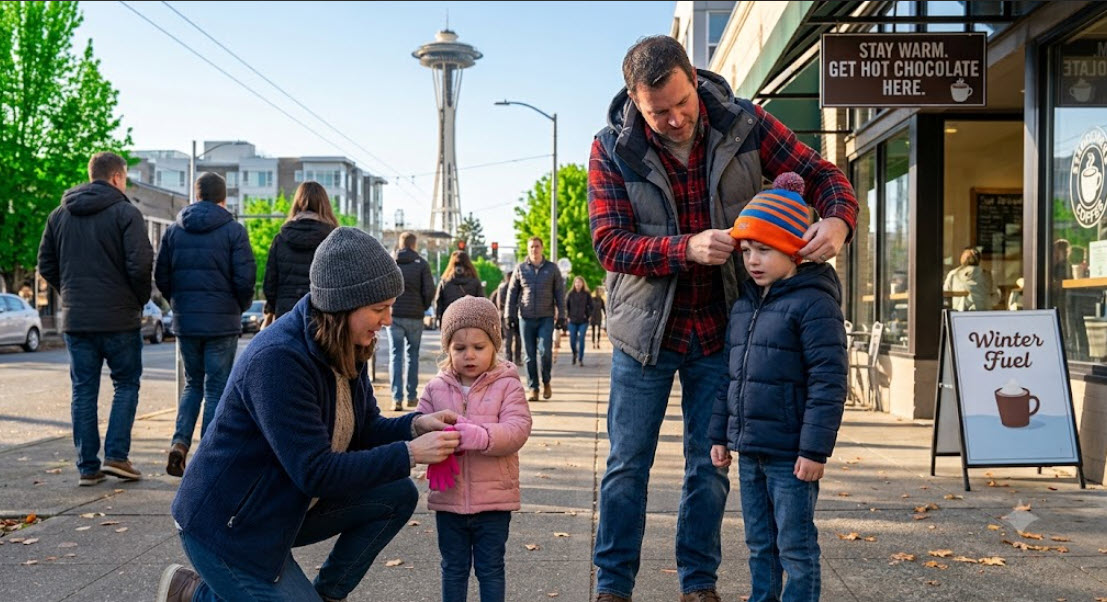 In light of the COOL WEATHER ALERT for Seattle and Western Washington, area residents are reminded to stay indoors to keep warm. But if you have to venture out, you’re advised to make sure your kids are dressed for the elements and hydrate them often with hot cocoa – preferably with whipped cream and cinnamon sprinkles.